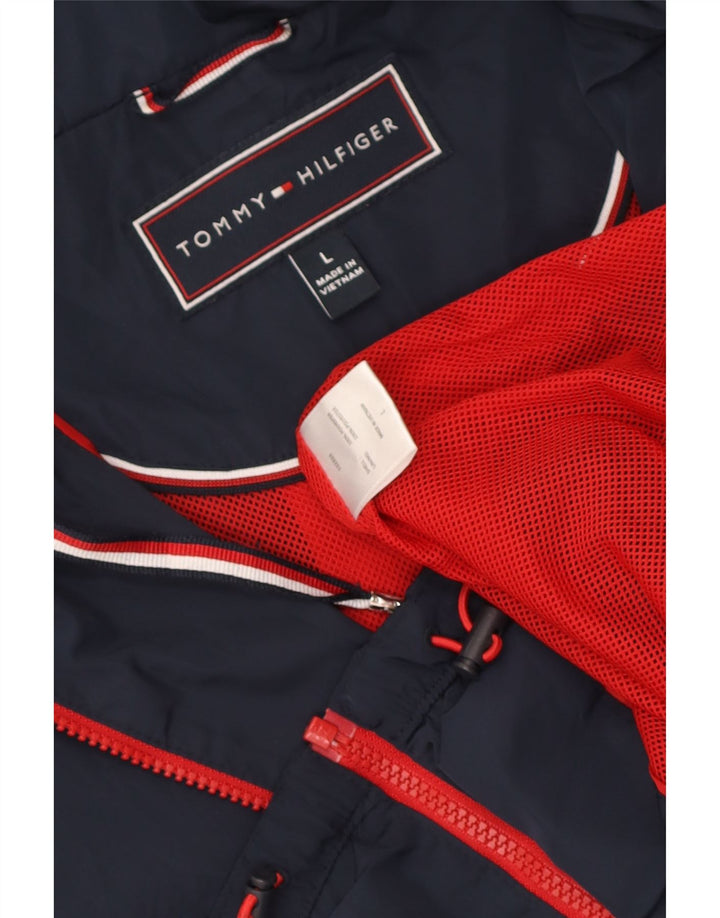Tommy Hilfiger Womens Hooded Rain Jacket UK 16 Large Navy Blue Polyester
