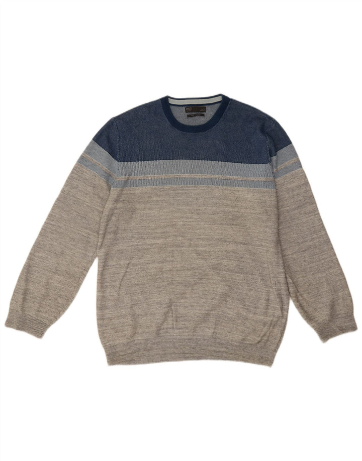 Marks & Spencer Mens Crew Neck Jumper Sweater Large Grey Colourblock Cotton