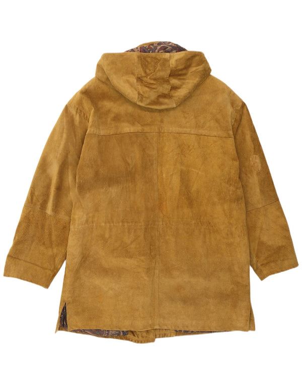 Vintage Womens Oversized Hooded Suede Duffle Coat IT 50 XL Brown Leather