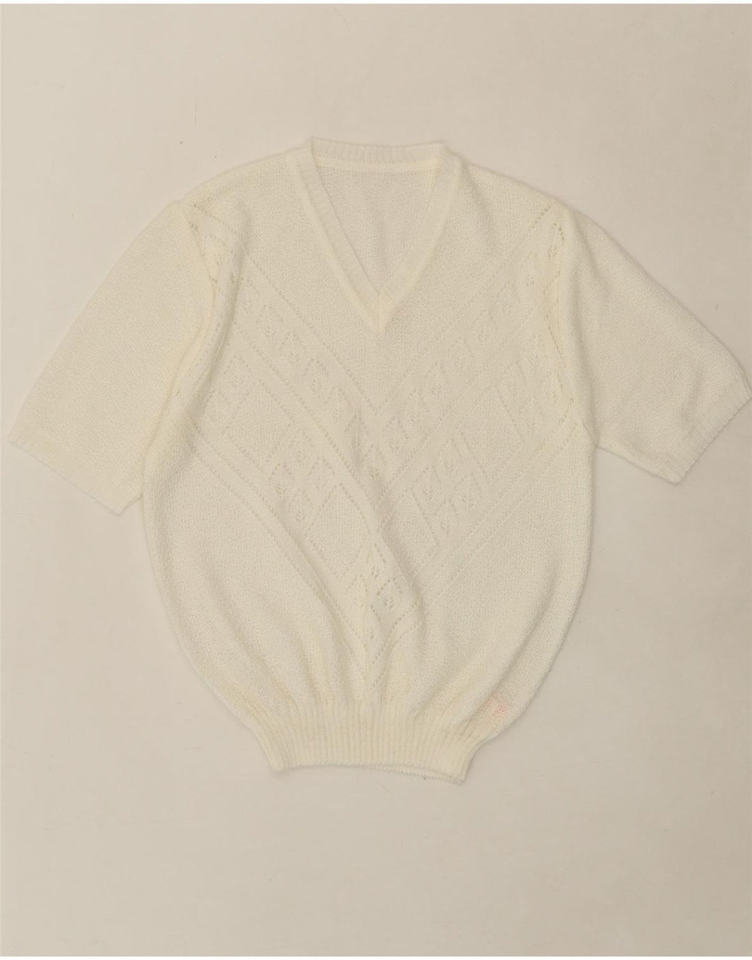 VINTAGE Womens Short Sleeve V-Neck Jumper Sweater UK 14 Medium White Vintage Vintage and Second-Hand Vintage from Messina Hembry 