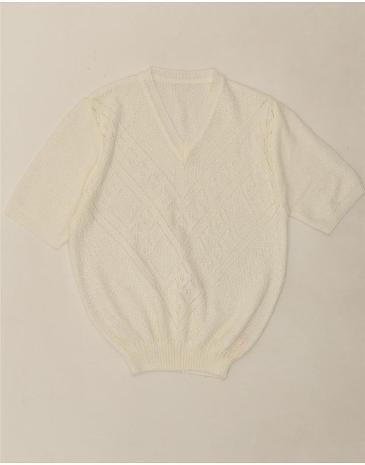 VINTAGE Womens Short Sleeve V-Neck Jumper Sweater UK 14 Medium White Vintage Vintage and Second-Hand Vintage from Messina Hembry 