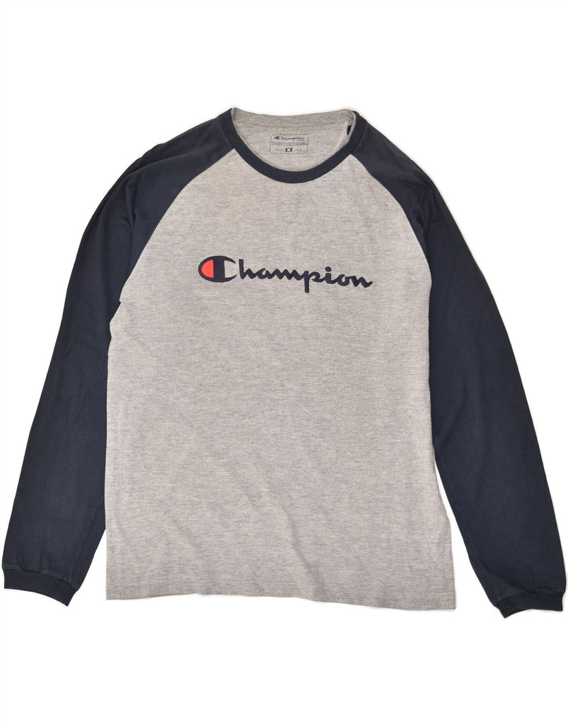 CHAMPION Mens Graphic Top Long Sleeve Medium Grey Colourblock Cotton | Vintage Champion | Thrift | Second-Hand Champion | Used Clothing | Messina Hembry 