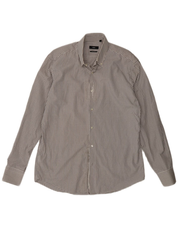 Hugo Boss Mens Regular Fit Shirt Size 41 16 Large Brown Check Cotton
