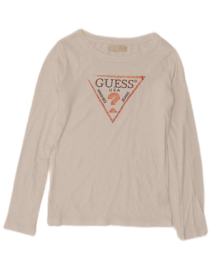 Guess Womens Graphic Top Long Sleeve UK 10 Small White Cotton