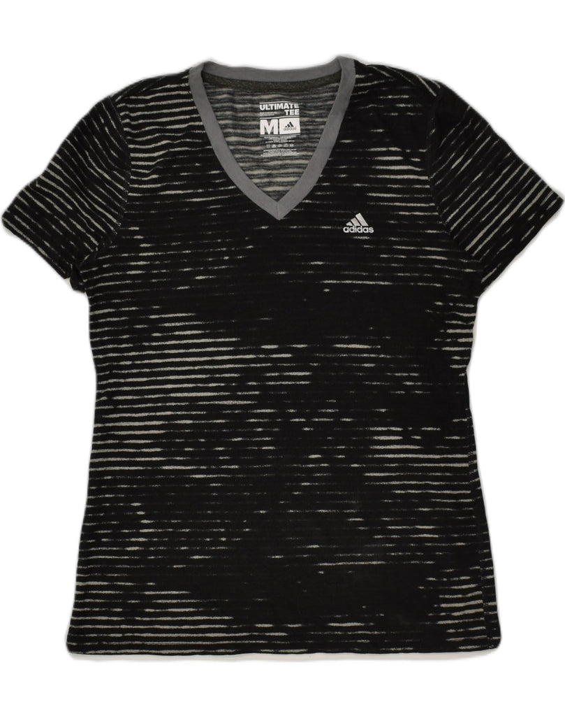 ADIDAS Womens T-Shirt Top UK 12 Medium Black Striped Polyester | Vintage Adidas | Thrift | Second-Hand Adidas | Used Clothing | Messina Hembry 