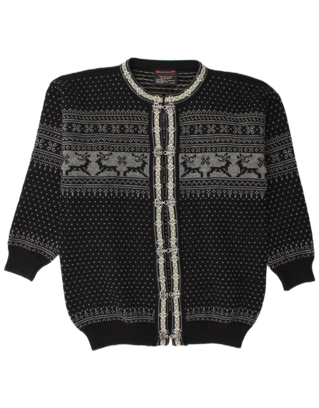 Norwool Mens Cardigan Sweater Medium Black Fair Isle New Wool