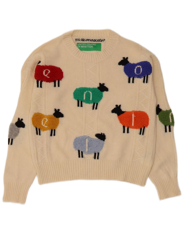 Benetton Womens Crew Neck Jumper Sweater UK 10 Small Beige Animal Print