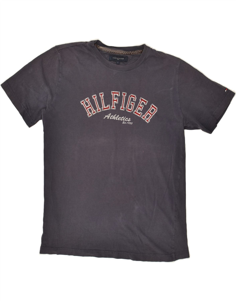 TOMMY HILFIGER Mens Slim Graphic T-Shirt Top Large Navy Blue Cotton Vintage Tommy Hilfiger and Second-Hand Tommy Hilfiger from Messina Hembry 