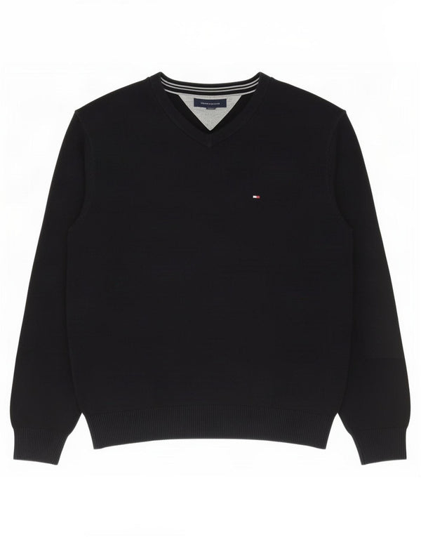 Tommy Hilfiger Mens V-Neck Jumper Sweater Large Black Cotton