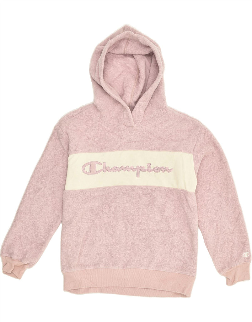 CHAMPION Girls Graphic Hooded Fleece Jumper 9-10 Years Medium Pink | Vintage Champion | Thrift | Second-Hand Champion | Used Clothing | Messina Hembry 