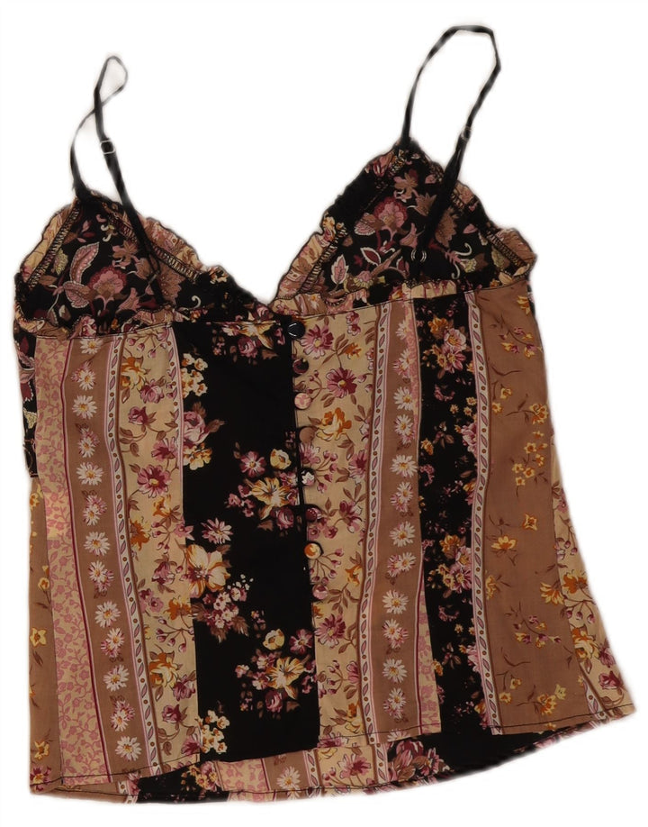 Vintage Womens Crop Cami Top UK 8 Small Black Floral