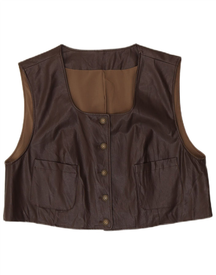 Vintage Womens Crop Oversized Leather Gilet UK 14 Medium Brown
