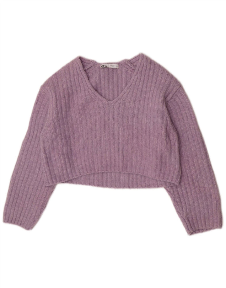 Zara Womens Crop V-Neck Jumper Sweater UK 14 Medium Purple Polyester