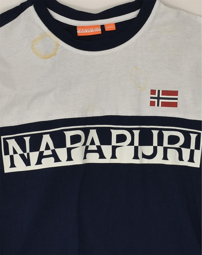 NAPAPIJRI Mens Graphic T-Shirt Top Medium Navy Blue Colourblock Cotton | Vintage Napapijri | Thrift | Second-Hand Napapijri | Used Clothing | Messina Hembry 