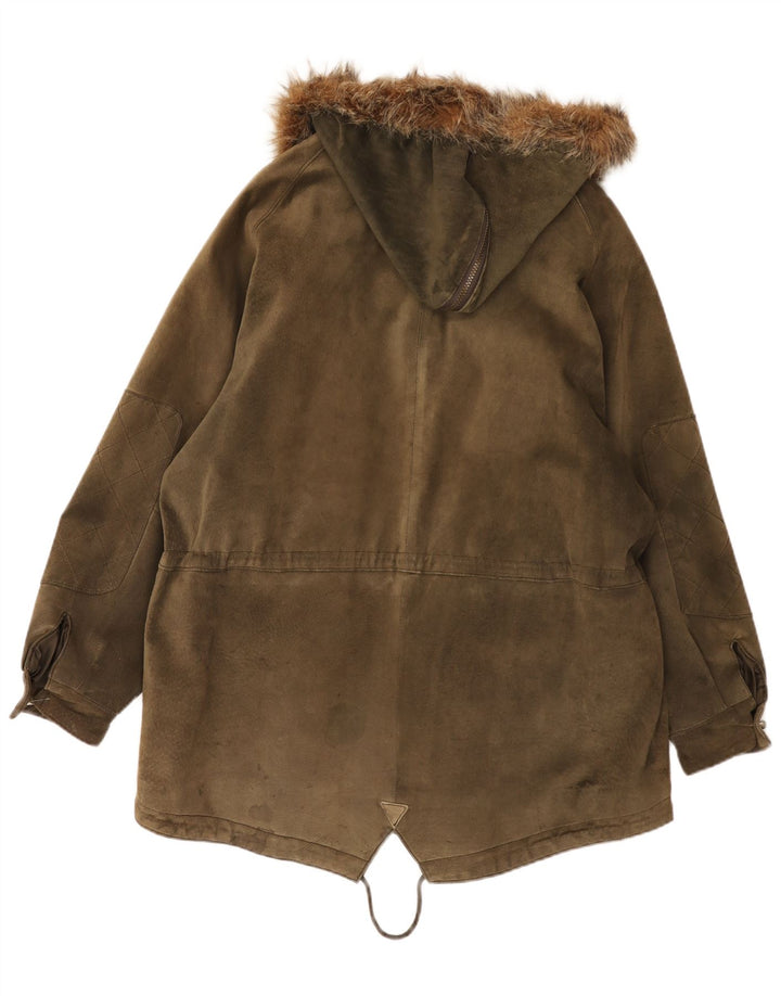 Vintage Womens Oversized Hooded Suede Parka Jacket UK 14 Large Khaki