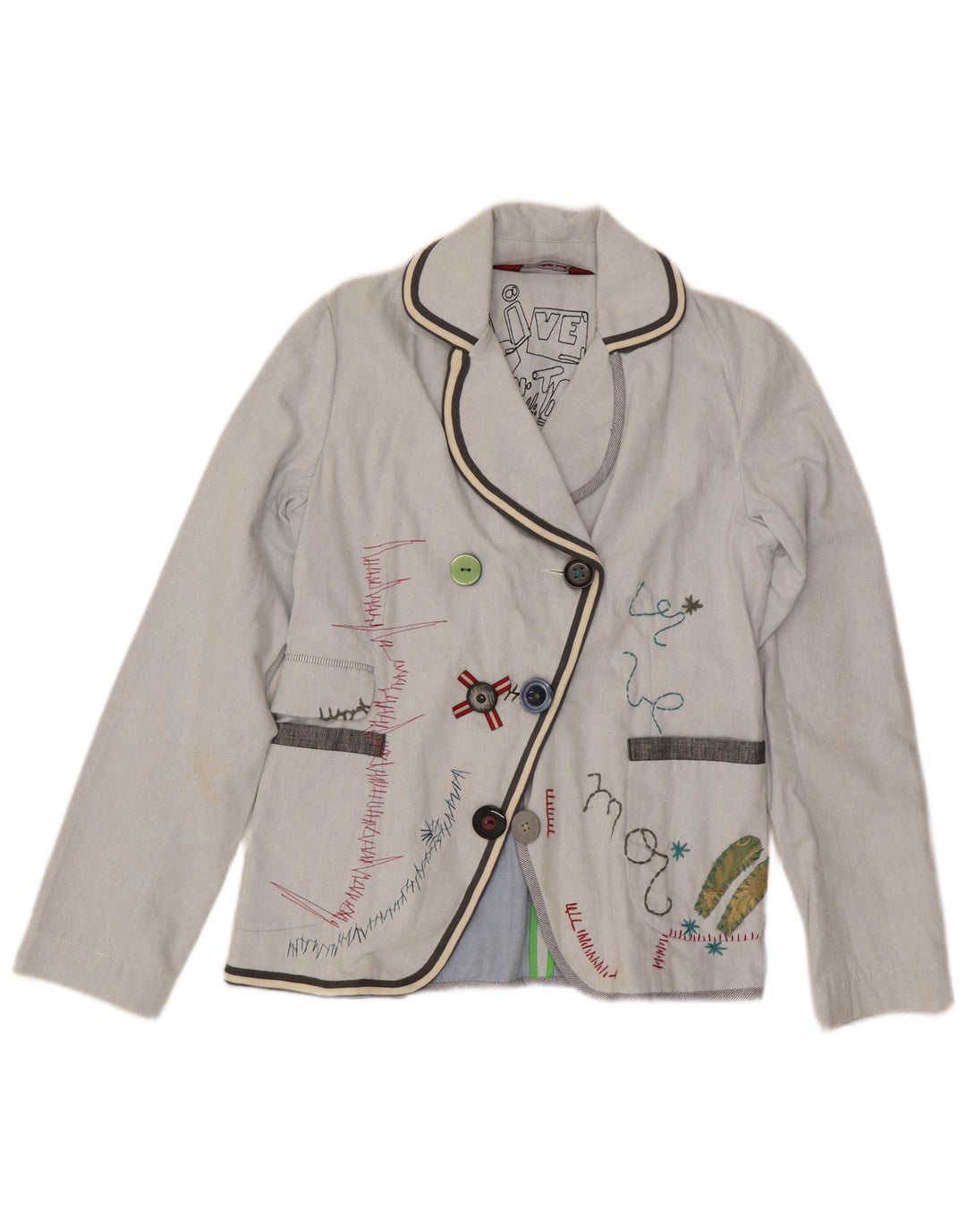 Desigual Womens Graphic 3 Button Blazer Jacket EU 42 Large Blue Cotton