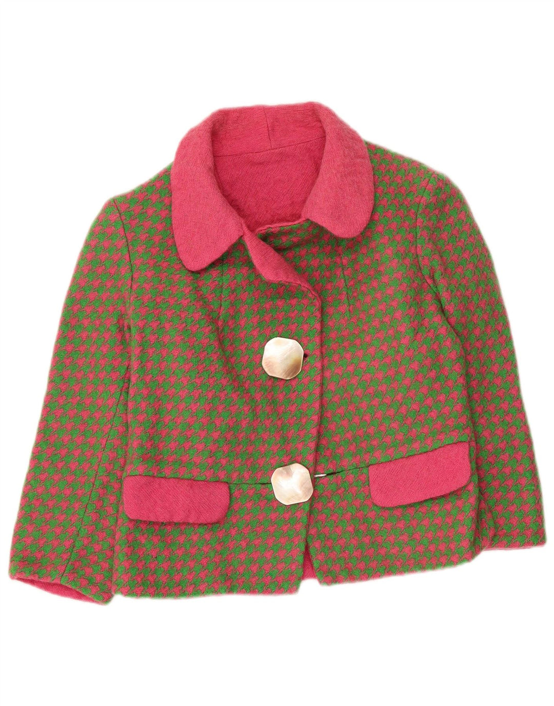 Vintage Womens 3/4 Sleeve Blazer Jacket UK 8 Small Khaki Houndstooth