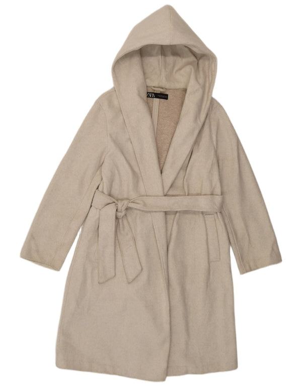 Zara Womens Hooded Overcoat UK 14 Medium Off White Polyester