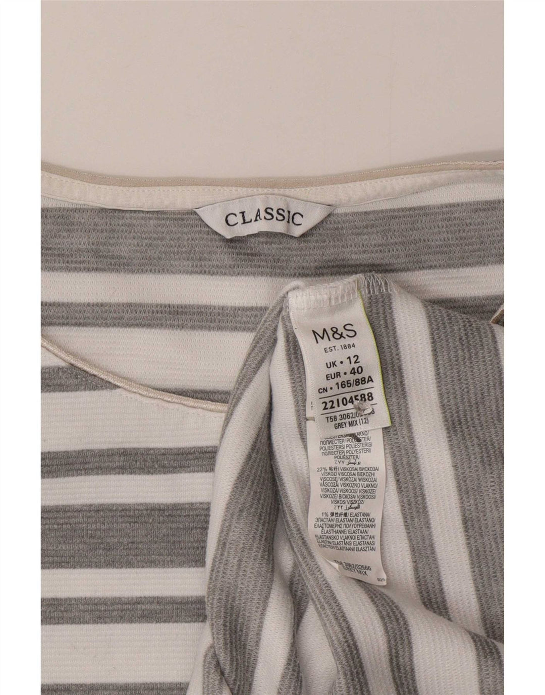 Marks & Spencer Womens Top 3/4 Sleeve UK 12 Medium Grey Striped Polyester