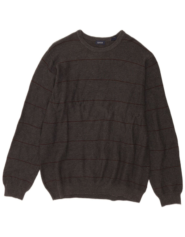 Izod Mens Crew Neck Jumper Sweater Medium Grey Striped Cotton