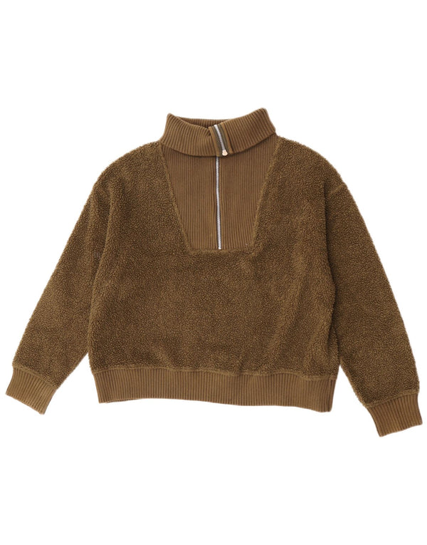 Marks & Spencer Womens Loose Fit Zip Neck Fleece Jumper UK 14 Medium Khaki