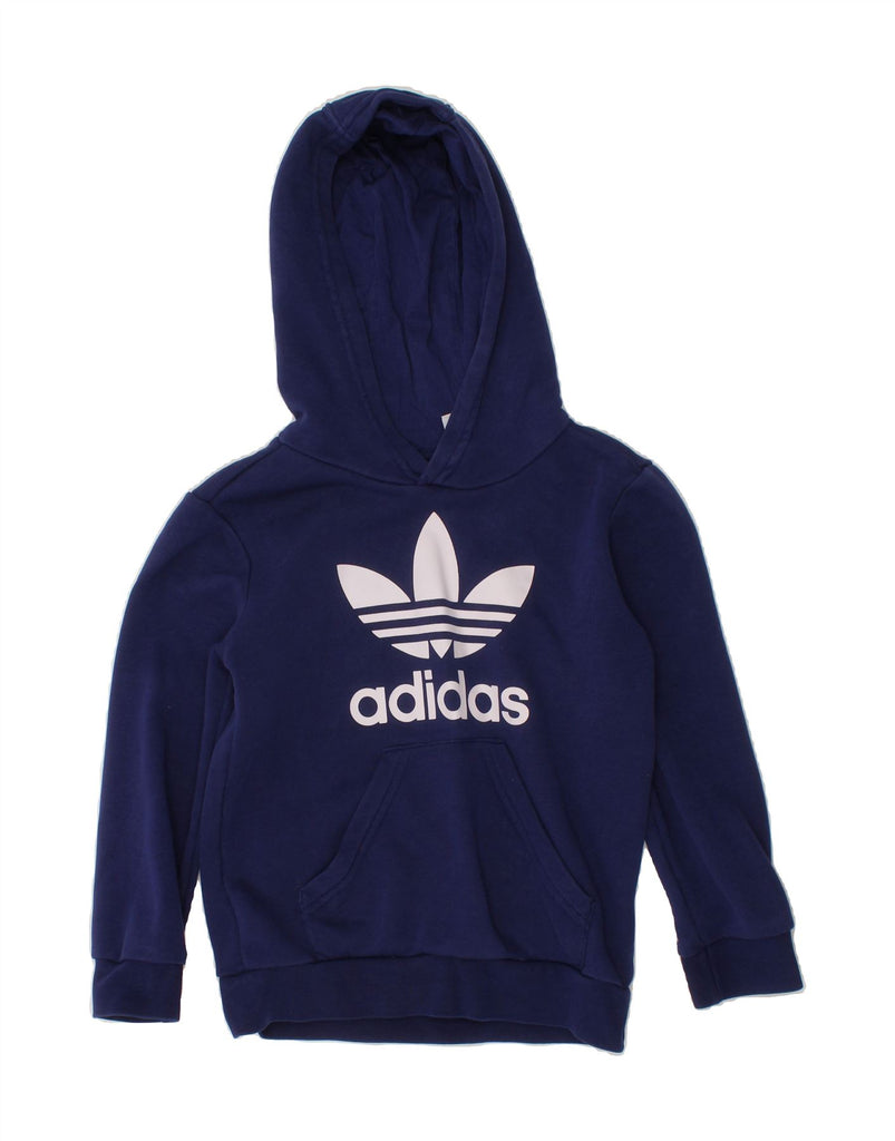 ADIDAS Boys Graphic Hoodie Jumper 5-6 Years Navy Blue Cotton Vintage Adidas and Second-Hand Adidas from Messina Hembry 