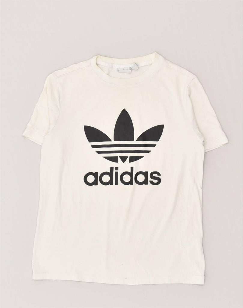 ADIDAS Womens Graphic T-Shirt Top UK 12 Medium Off White Cotton | Vintage Adidas | Thrift | Second-Hand Adidas | Used Clothing | Messina Hembry 