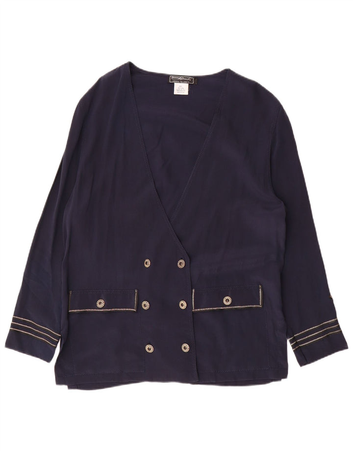 Vintage Womens Double Breasted Blazer Jacket UK 16 Large Navy Blue Silk