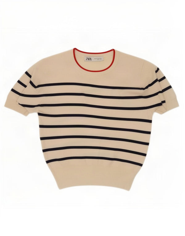 Zara Womens Short Sleeve Blouse Top UK 12 Medium Off White Striped Viscose