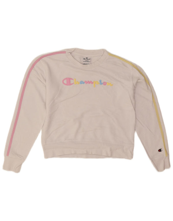 Champion Girls Graphic Sweatshirt Jumper 11-12 Years Large White Cotton