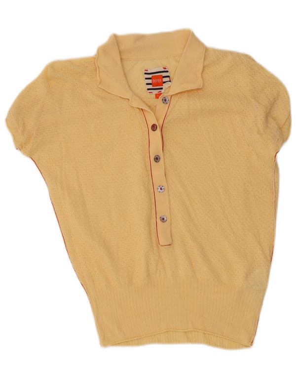 Hugo Boss Womens Short Sleeve Polo Neck Jumper Sweater UK 14 Large Yellow