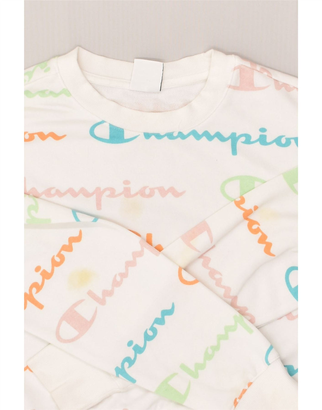 CHAMPION Womens Graphic Sweatshirt Jumper UK 14 Medium White Cotton | Vintage Champion | Thrift | Second-Hand Champion | Used Clothing | Messina Hembry 