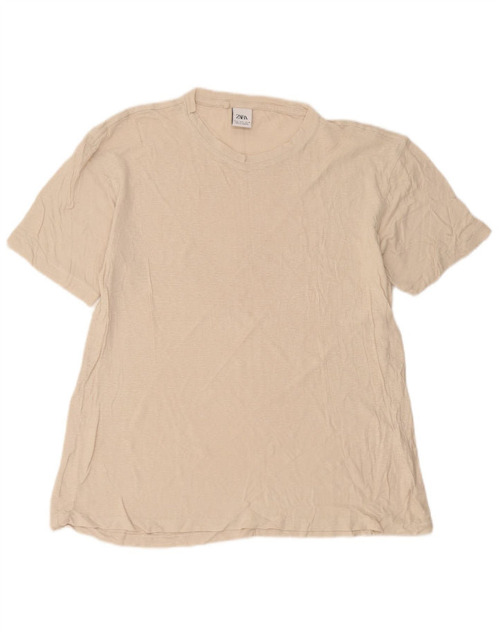 Zara Mens T-Shirt Top Medium Beige Linen