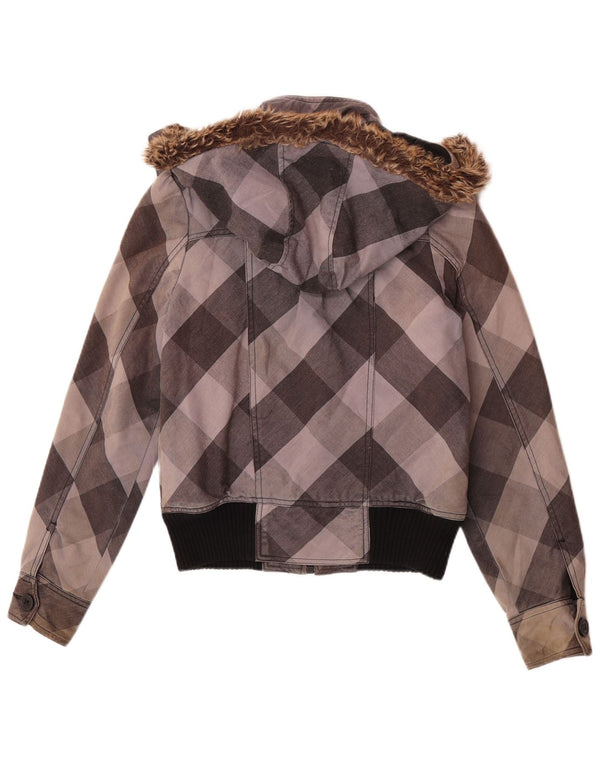 Roxy Womens Hooded Bomber Jacket UK 10 Small Grey Check Cotton