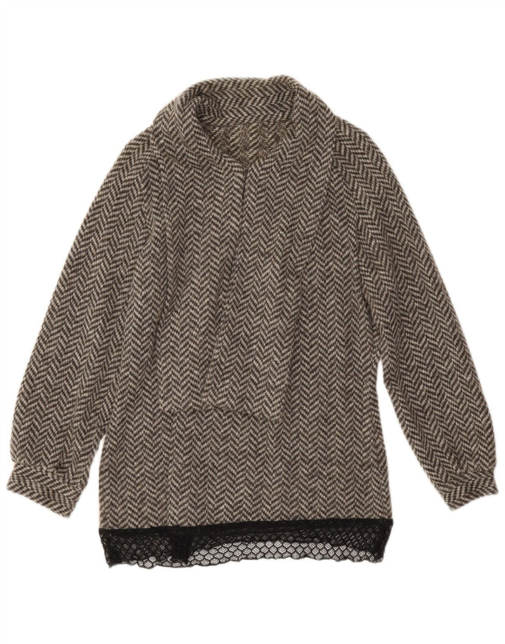 Vintage Womens Front Tie Blouse Top UK 14 Large Grey Herringbone