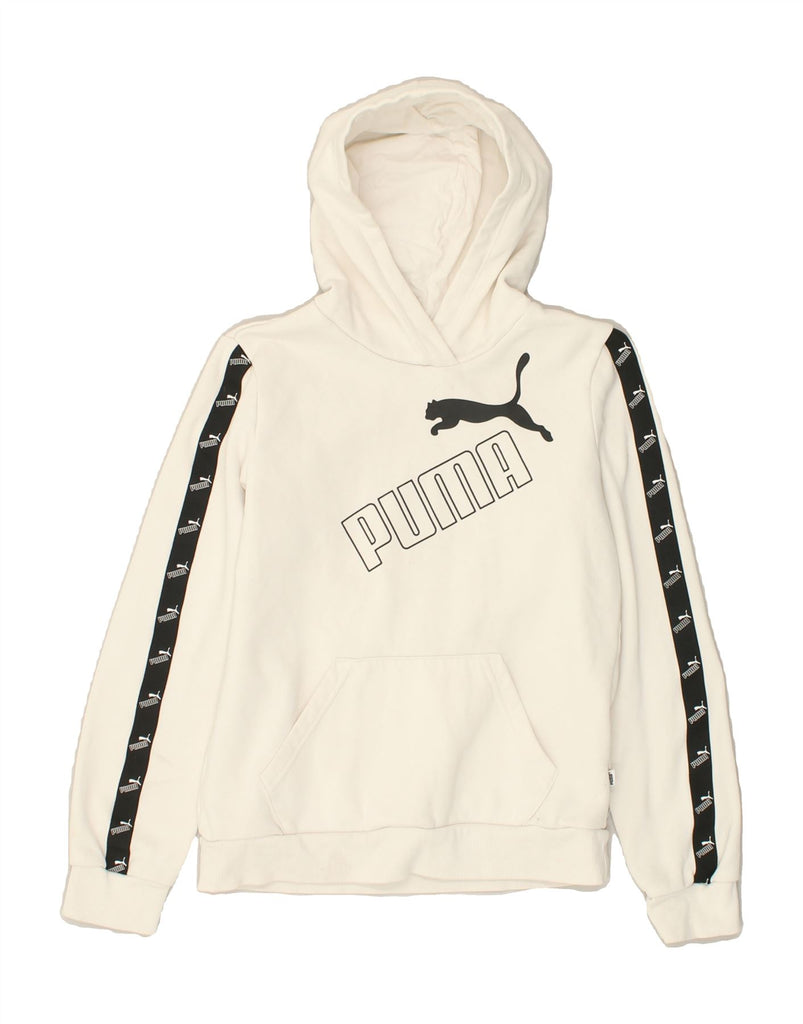 PUMA Womens Graphic Hoodie Jumper UK 6 XS Off White Cotton | Vintage Puma | Thrift | Second-Hand Puma | Used Clothing | Messina Hembry 