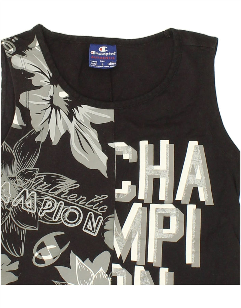 CHAMPION Girls Graphic Vest Top 11-12 Years Large Black Floral | Vintage Champion | Thrift | Second-Hand Champion | Used Clothing | Messina Hembry 