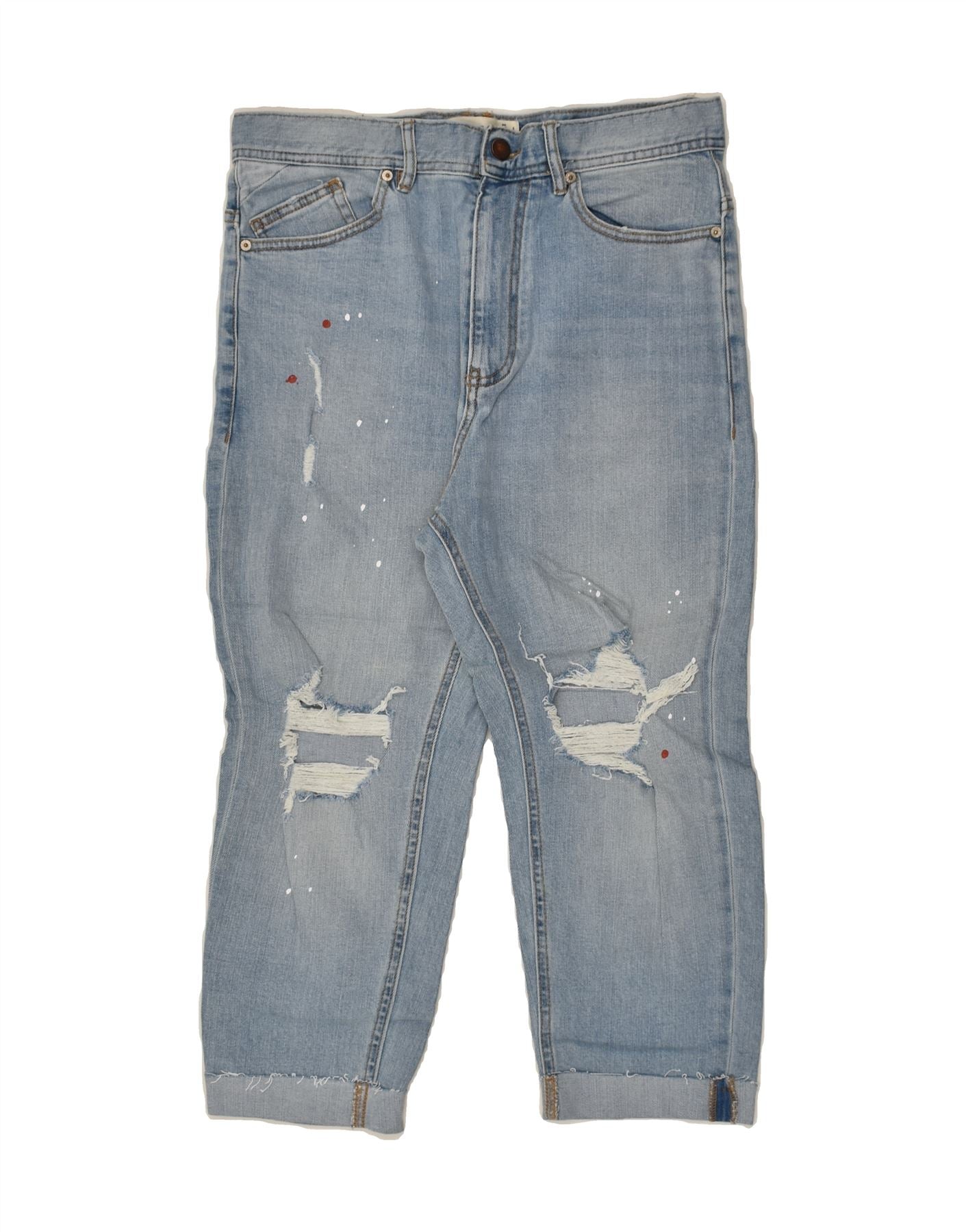 PULL BEAR Mens Distressed Capri Jeans W31 L21 Blue Spotted