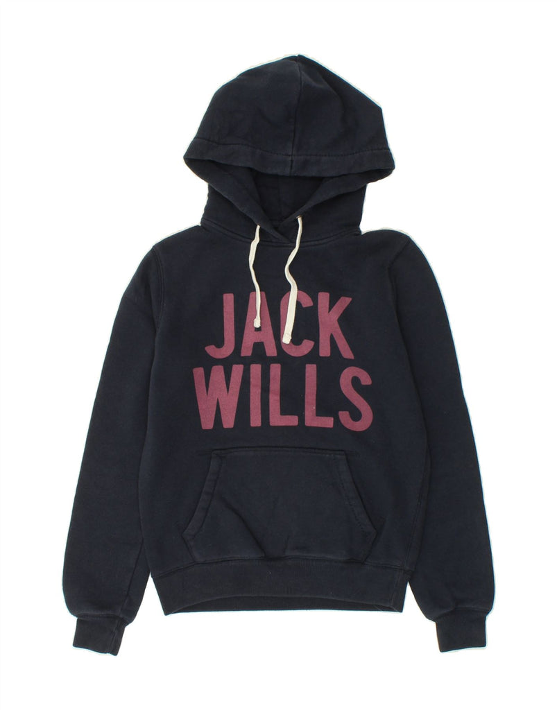 JACK WILLS Womens Graphic Hoodie Jumper UK 6 XS Navy Blue Cotton | Vintage Jack Wills | Thrift | Second-Hand Jack Wills | Used Clothing | Messina Hembry 