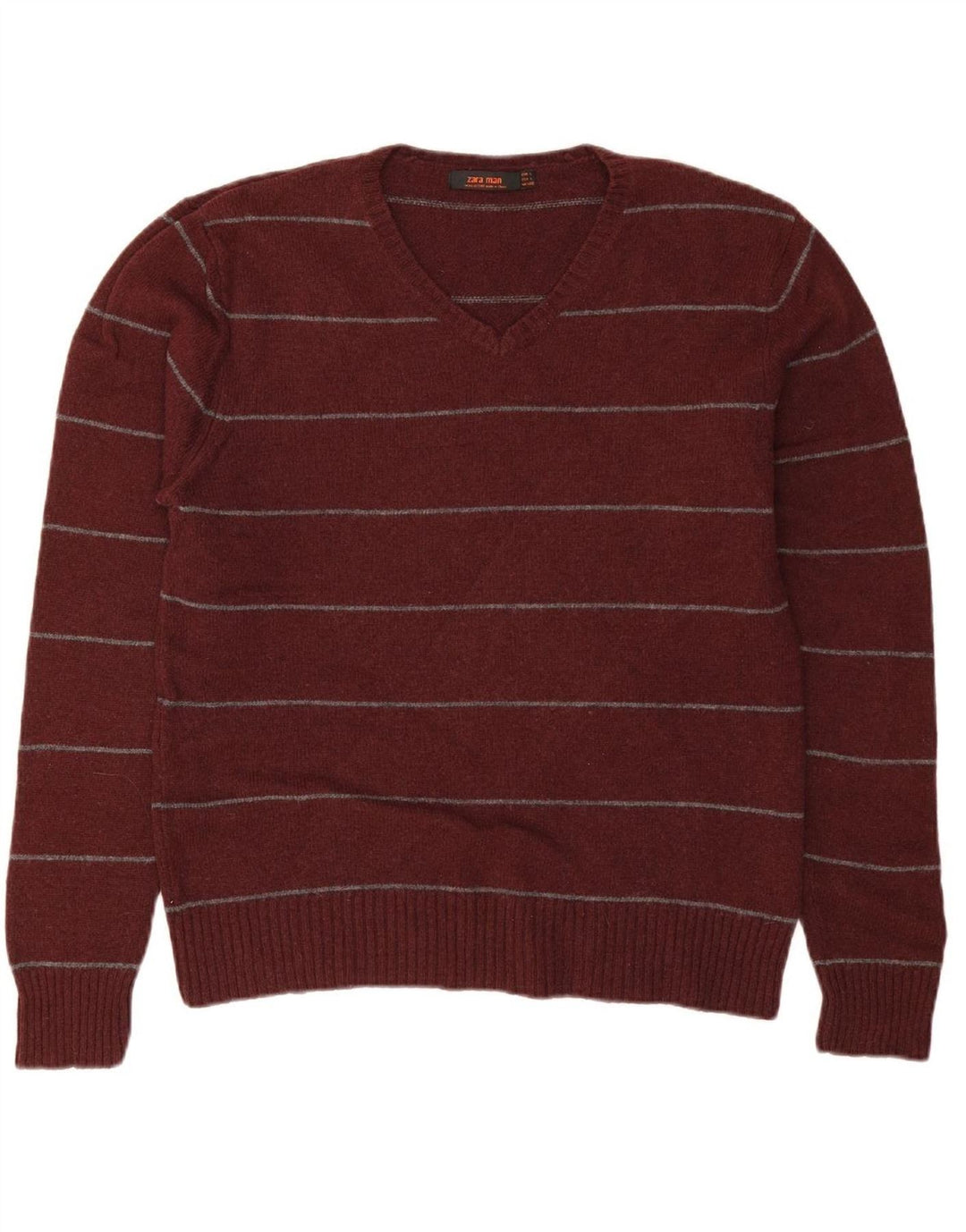 ZARA Mens V-Neck Jumper Sweater Large Burgundy Striped Wool