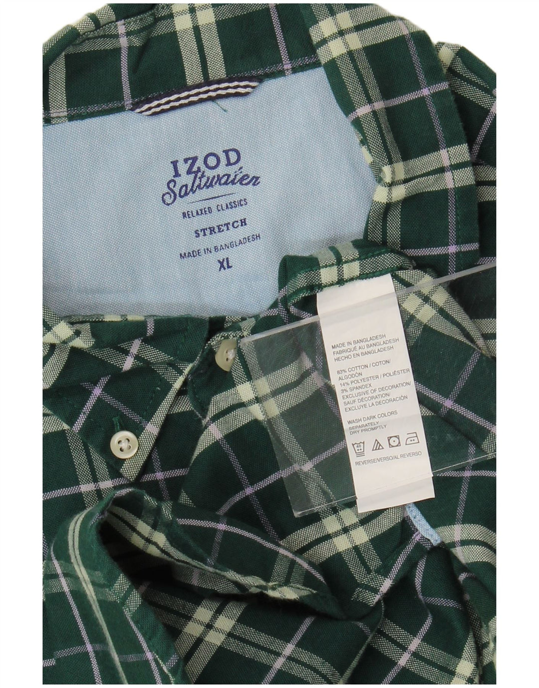 Izod Mens Stretch Shirt XL Green Check Cotton