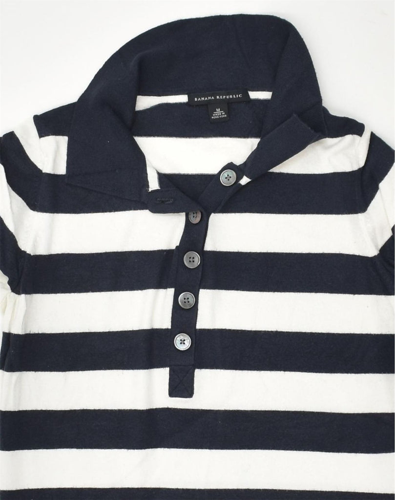 BANANA REPUBLIC Womens Polo Shirt UK 12 Medium Navy Blue Striped Rayon | Vintage Banana Republic | Thrift | Second-Hand Banana Republic | Used Clothing | Messina Hembry 