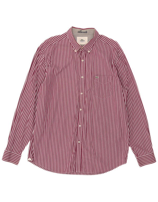 Lacoste Mens Regular Fit Shirt Size 44 XL Burgundy Striped Cotton