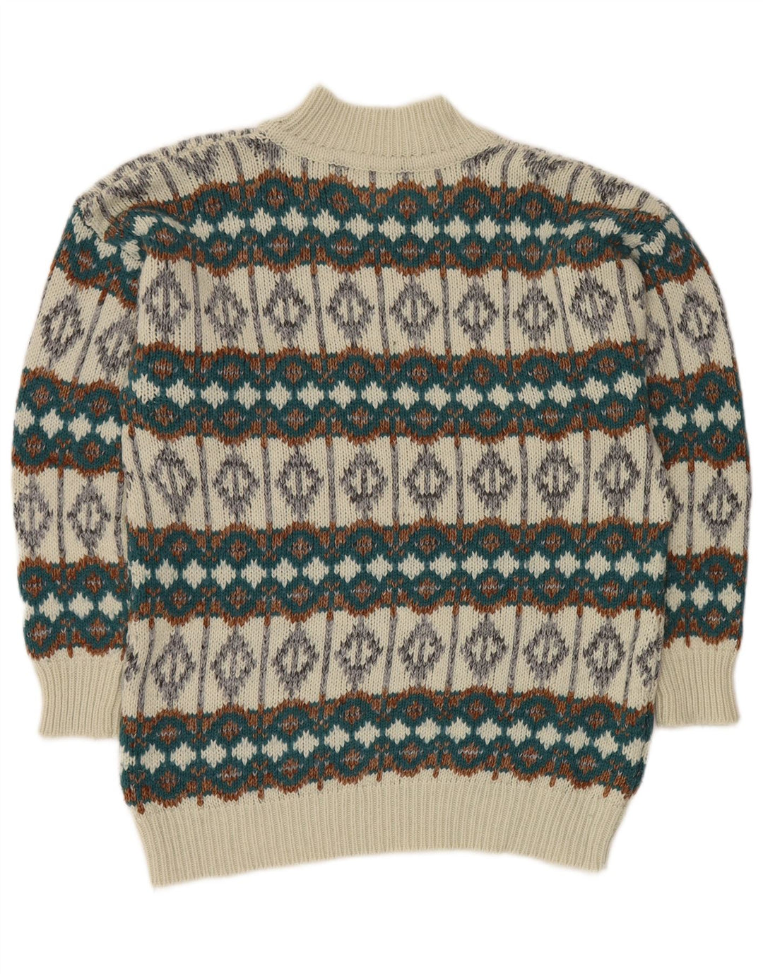 VINTAGE Mens Turtle Neck Jumper Sweater Medium White Fair Isle