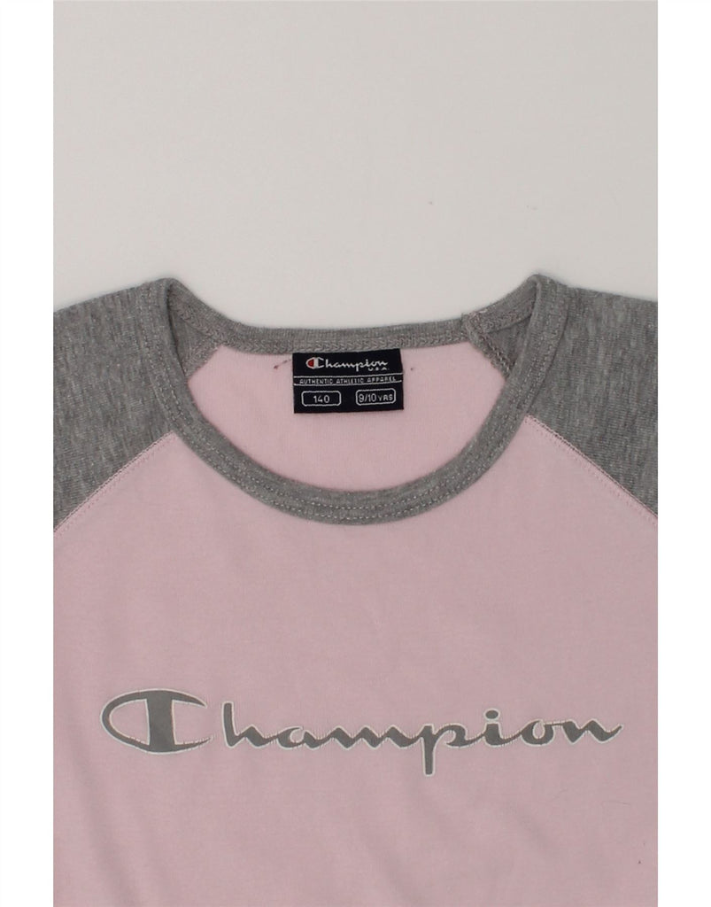 CHAMPION Girls Graphic Top Long Sleeve 9-10 Years Pink Colourblock Cotton | Vintage Champion | Thrift | Second-Hand Champion | Used Clothing | Messina Hembry 