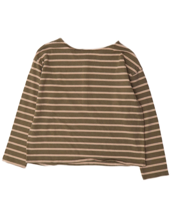 Joules Womens Top Long Sleeve UK 14 Large Khaki Striped Cotton