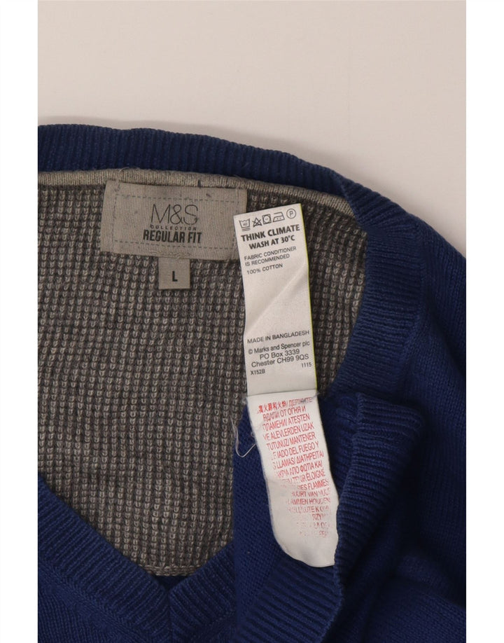 Marks & Spencer Mens Regular Fit V-Neck Jumper Sweater Large Blue Cotton