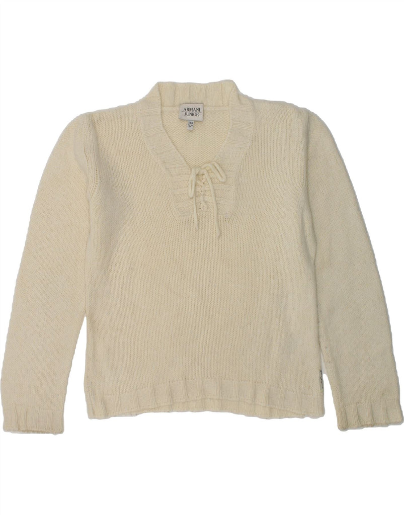 ARMANI JUNIOR Girls V-Neck Jumper Sweater 7-8 Years Off White Cotton | Vintage Armani Junior | Thrift | Second-Hand Armani Junior | Used Clothing | Messina Hembry 