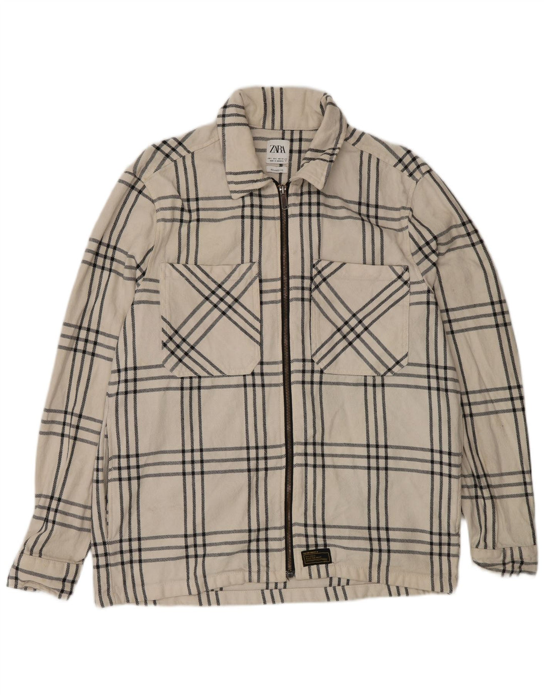 Zara Mens Overshirt Relaxed Fit Flannel Shirt Large White Check Cotton