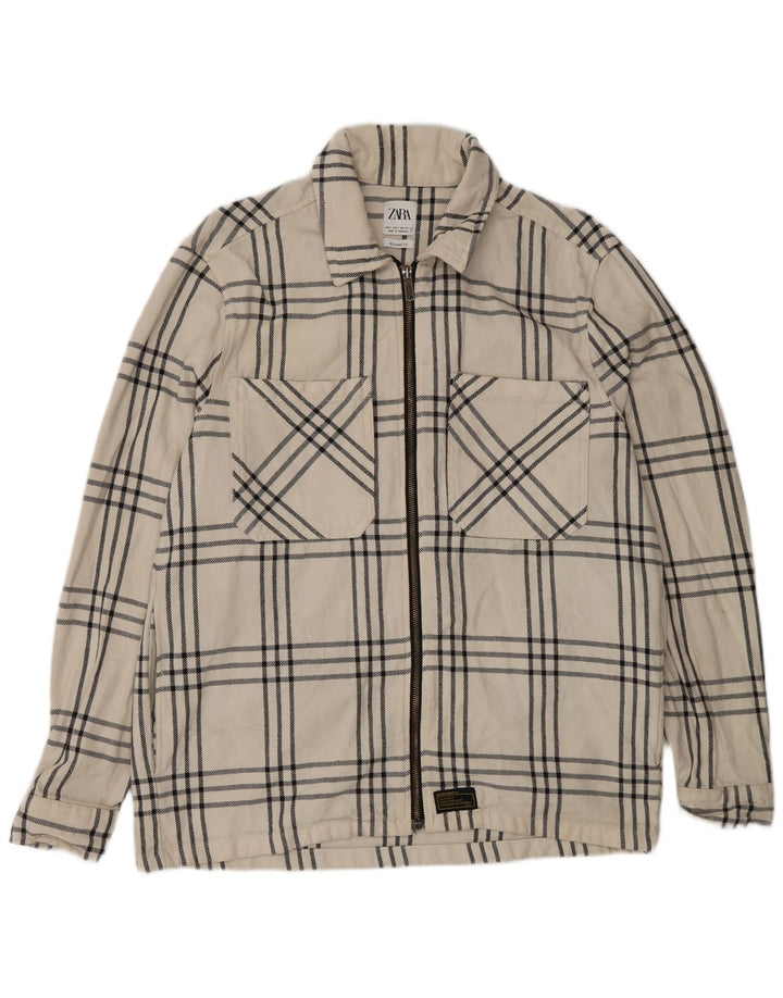 Zara Mens Overshirt Relaxed Fit Flannel Shirt Large White Check Cotton